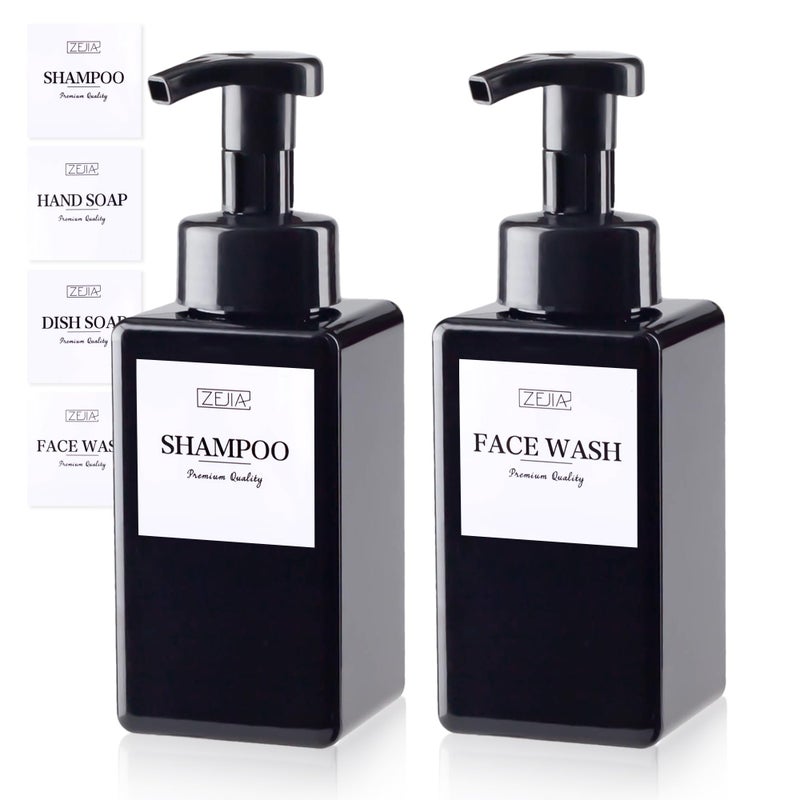 ZEJIA 15OZ Foaming Soap Dispenser, 2-Pack Plastic Hand Soap Dispenser, Refillable Leakproof Foam Pump Bottle with Waterproof Labels, for Shampoo, Body Wash - Image 1